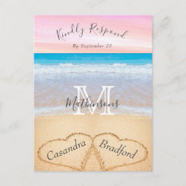 Chic Dusty Blue Hearts Sand Beach Wedding OSA Vykort