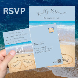 Chic Dusty Blue Hearts Sand Beach Wedding OSA Vykort