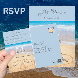 Chic Dusty Blue Hearts Sand Beach Wedding OSA Vykort