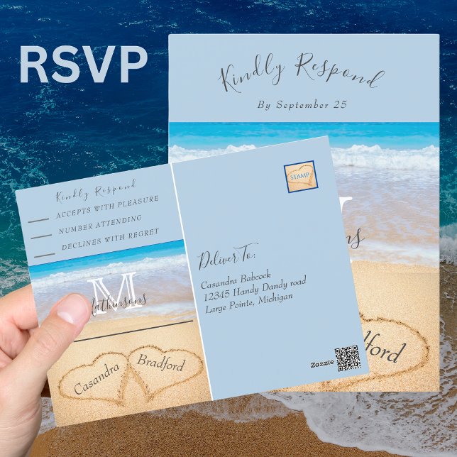 Chic Dusty Blue Hearts Sand Beach Wedding OSA Vykort (Skapare uppladdad)