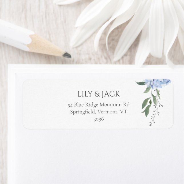 Chic Dusty Blue Hydrangea Blommigt Returadress Etikett (Insitu)