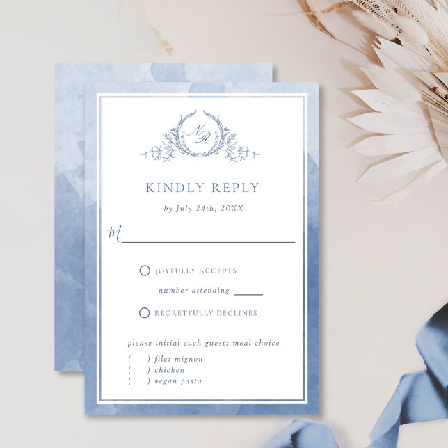 Chic Dusty Blue Monogram och Watercolor RSVP OSA Kort (Skapare uppladdad)