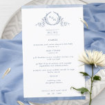 Chic Dusty Blue Monogram Watercolor Bröllop Menu<br><div class="desc">Välkomna gästerna till bord med den här elegantens monogrammade meny bröllop, med hand plockade leafy monogram med par initialer och dammiga blå vattenfärgen gräns rand. Baksida med vackra vattenfärger tvättar i en mängd dammiga blå och blå nyanser. En del av vår "Dusty Blue Watercolor Botanical Monogram Bröllop"-samling med en mängd...</div>
