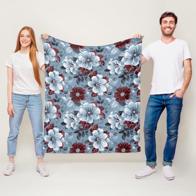 Chic Dusty Blue och Burgundy Blommigt Blanket Fleecefilt (På plats)