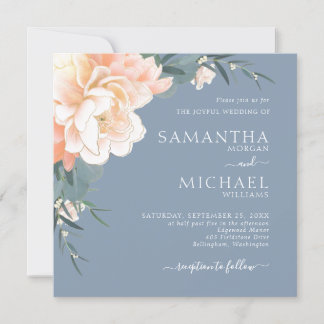 Chic Dusty Blue Peach Guld Blommigt Bröllop Inbjudningar