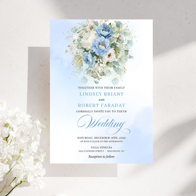 Chic Dusty Blue Peony Botanical Gold Wedding Invit Inbjudningar (Chic Dusty Blue Peony Botanical Gold Wedding Invite)