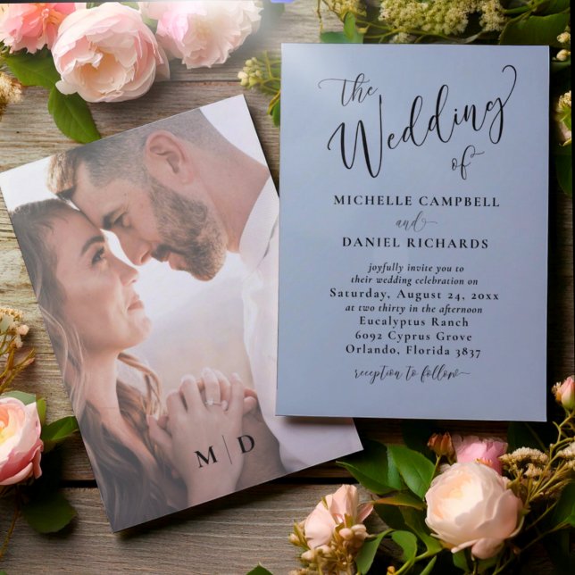 Chic Dusty Blue & Photo Bröllop Inbjudningar (Skapare uppladdad)