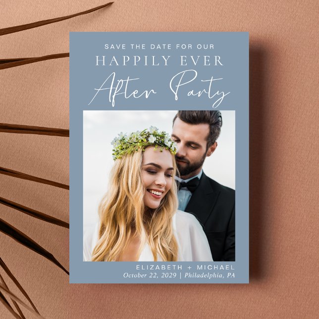 Chic Dusty Blue Photo Wedding Reception Spara Datumet (A stylish save the date announcement for a reception to celebrate your elopement or private wedding)