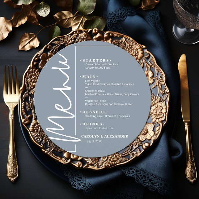 Chic Dusty Blue Rund Meny (Chic dusty blue round menu is ready to be personalized for your sit-down dinner occasion.)