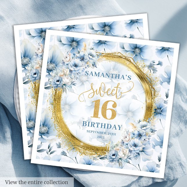Chic Dusty Blue Sweet sixteen Guld Glitter Napkins Pappersservett (Chic Dusty Blue Sweet Sixteen Gold Glitter Napkins)