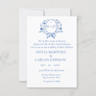 Chic Dusty Blue Vapensköld Monogram elegant bröllo Inbjudningar