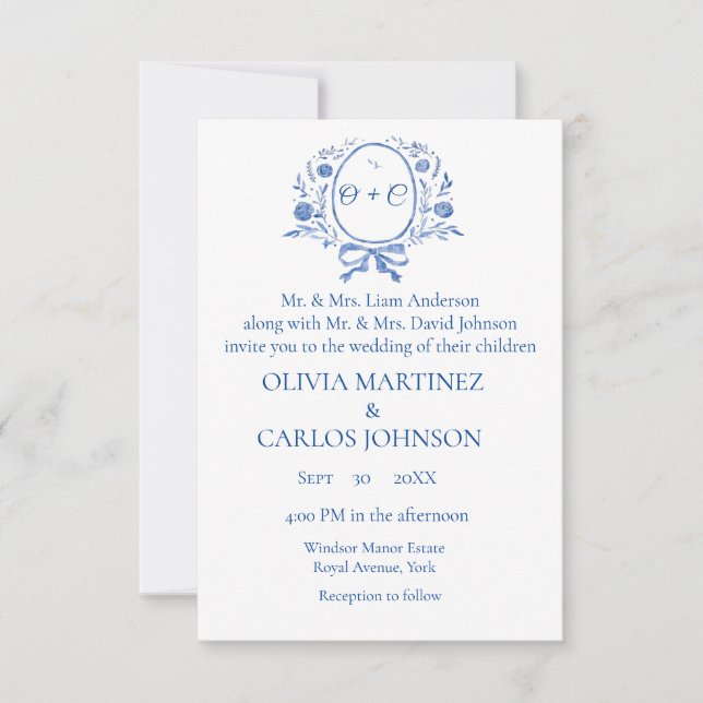 Chic Dusty Blue Vapensköld Monogram elegant bröllo Inbjudningar (Framsida)