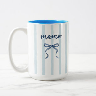 Chic Dusty Blue Vattenfärg Ränder och Bow Mama Två-Tonad Mugg