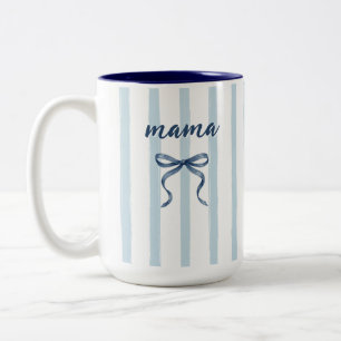 Chic Dusty Blue Vattenfärg Ränder och Bow Mama Två-Tonad Mugg