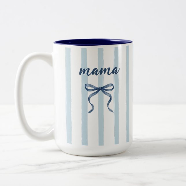 Chic Dusty Blue Vattenfärg Ränder och Bow Mama Två-Tonad Mugg (Vänster)