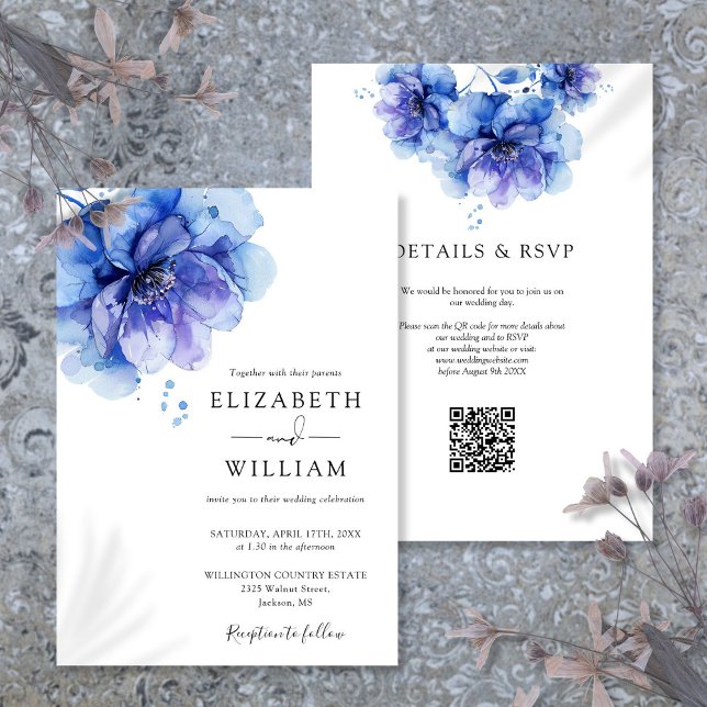 Chic Dusty Blue Watercolor Blommigt QR Code Bröllo Inbjudningar (Chic Dusty Blue Watercolor Floral QR Code Wedding Invitation)