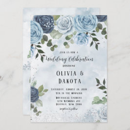 Chic Dusty Blue Watercolor Rustic Blommigt Bröllop Inbjudningar