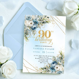 Chic Dusty Blue White Flowers 90th Birthday Invite Inbjudningar