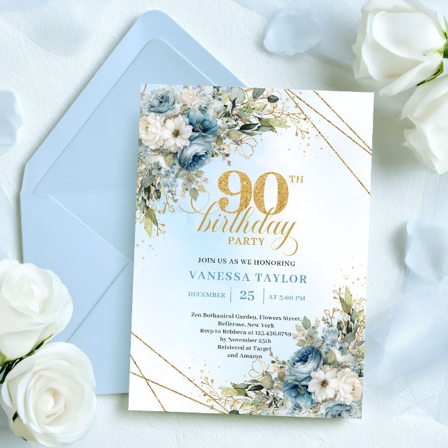 Chic Dusty Blue White Flowers 90th Birthday Invite Inbjudningar (Chic Dusty Blue White Flowers 90th Birthday Invite

)