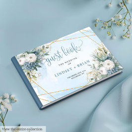Chic Dusty Blue White Guld Blommigt Guest Bok