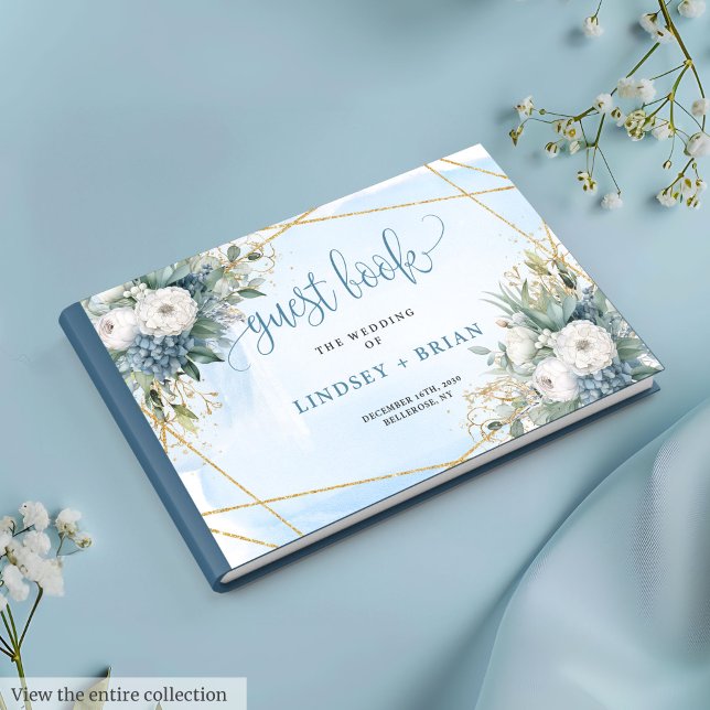 Chic Dusty Blue White Guld Blommigt Guest Bok (Chic Dusty Blue White Gold Floral Guest Book)