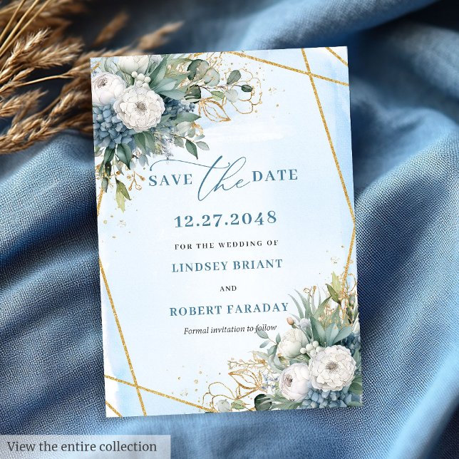 Chic Dusty Blue White Guld Blommigt Spara datum Inbjudningar (Chic Dusty Blue White Gold Floral Save The Date)