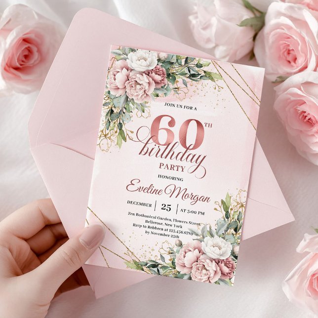 Chic Dusty Pink Blommig Akvarell 60-årsdag   Inbjudningar (Chic Dusty Pink Floral Watercolor 60th Birthday Invite

)