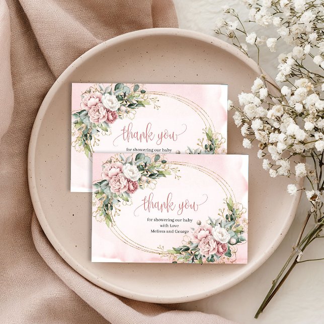 Chic Dusty Pink Blommig Eucalyptus Tacksamhetskort Tack Kort (Chic Dusty Pink Floral Eucalyptus Thank You Card)