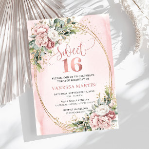 Chic Dusty Pink Blommor Eucalyptus 16-årsdag Inbjudningar