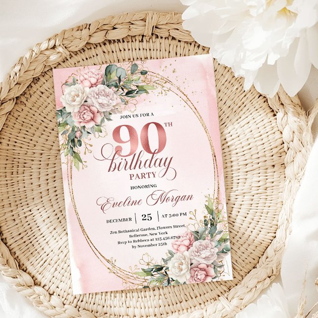 Chic Dusty Pink Gold Eucalyptus 90th Birthday  Inbjudningar (Chic Dusty Pink Gold Eucalyptus 90th Birthday Invitation)