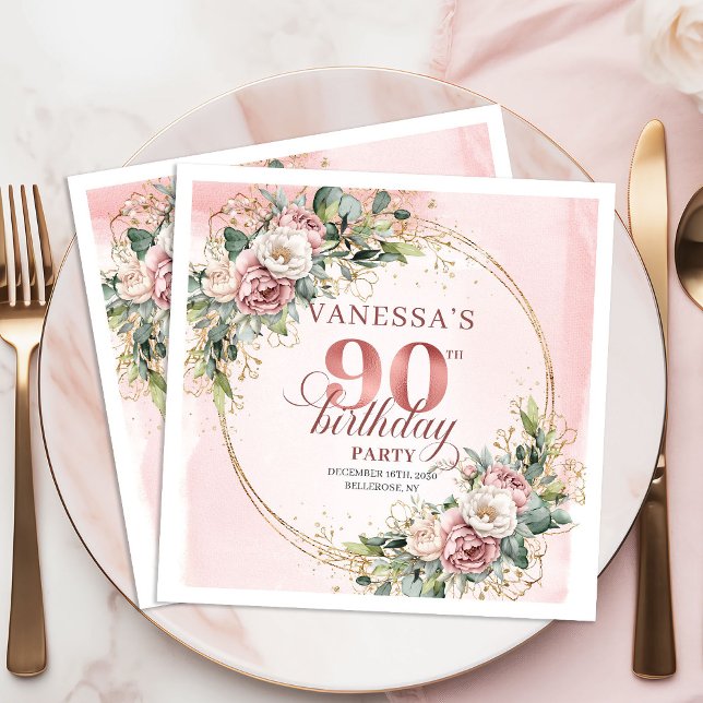 Chic Dusty Pink Rose Gold Boho 90th Birthday Party Pappersservett (Dusty Pink Rose Gold Boho 90th Birthday Party Napkins)