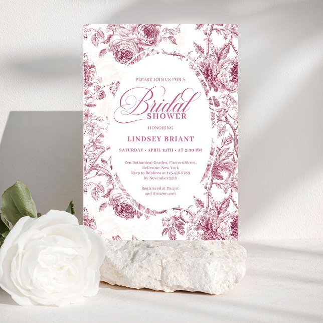 Chic Dusty Pink Toile Rosor Mönster Bröllopsdusch  Inbjudningar (Chic Dusty Pink Toile Roses Pattern Bridal Shower Card

)