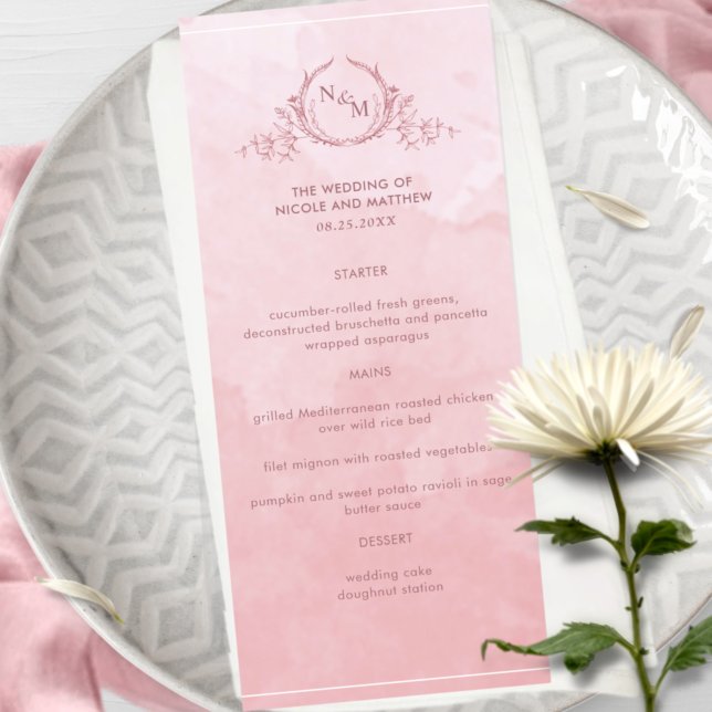Chic Dusty Ro Watercolor, Monogram Bröllop Menu Meny (Skapare uppladdad)
