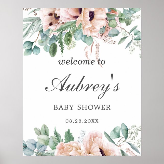 Chic Dusty Rosa  Blommigt Baby Shower Välkommen Poster (Framsidan)
