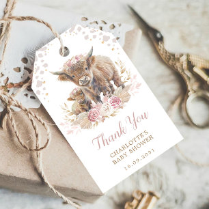 Chic Dusty Rosa Boho Highland Cow Girl Baby Shower Presentetikett