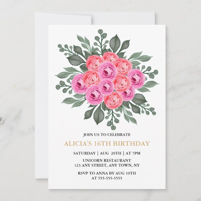 Chic Dusty Rosa Flora Ro Guld 16:e födelsedagen Inbjudningar (Framsida)