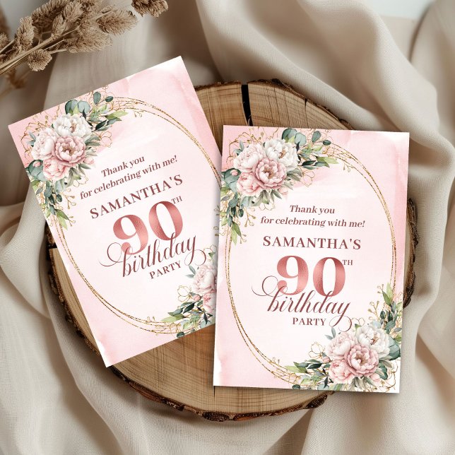 Chic Dusty Rosa Guld Eucalyptus 90-årsdagskort Tack Kort (Chic Dusty Pink Gold Eucalyptus 90th Birthday Thank You)