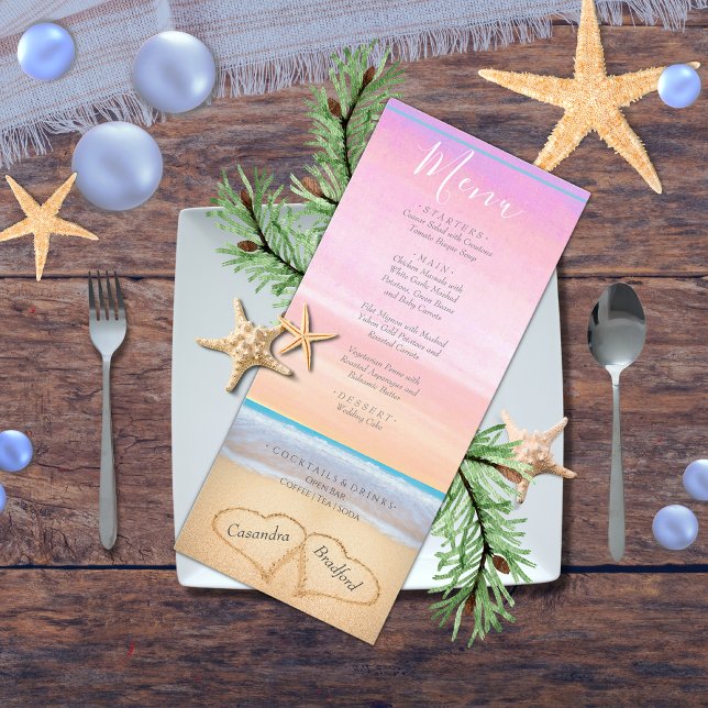 Chic Dusty Rosa Lila 2 hjärta Beach Wedding Meny (Skapare uppladdad)