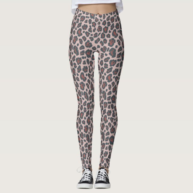 Chic Dusty Rosa Red Leopard Skriv ut Mönster Leggings (Framsida)