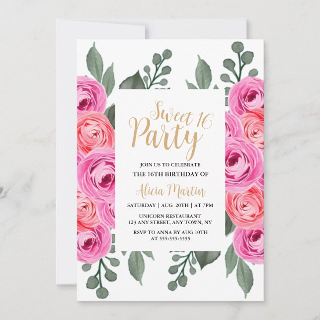Chic Dusty Rosa ros Greenery Guld Sweet 16 Party Inbjudningar (Framsida)