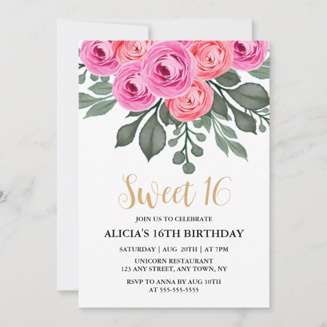 Chic Dusty Rosa ros Greenery Sweet 16 Birthday Inbjudningar (Framsida)