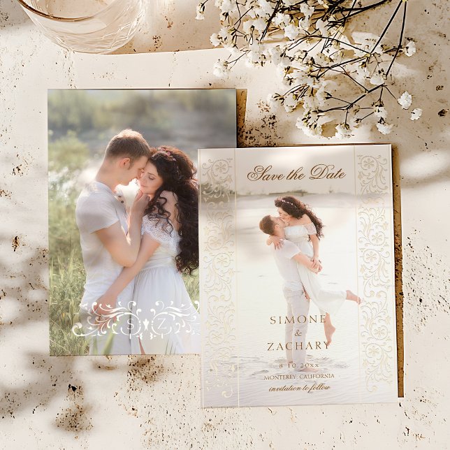 Chic Ecru Scrollwork Photo Wedding Save the Date Spara Datumet (Skapare uppladdad)