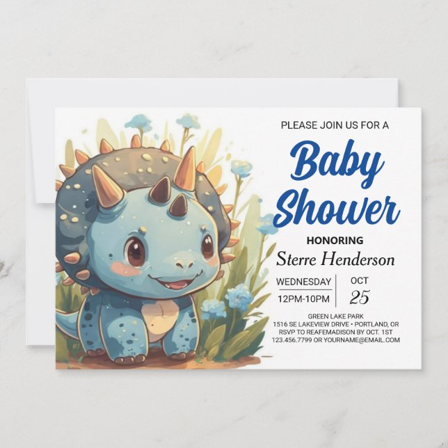 Chic Editable Cute Dinosaur Boy Shower Inbjudningar (Framsida)