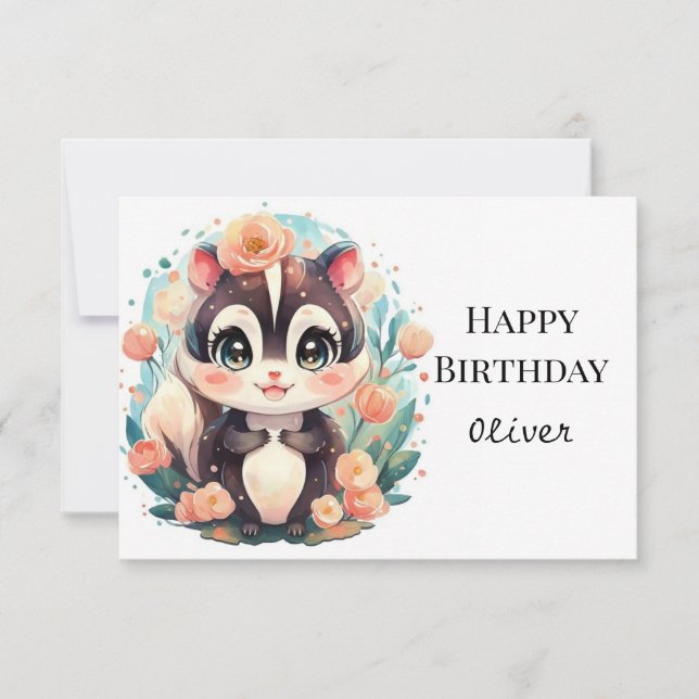 Chic Editable Skunk Birthday Kort (Framsida)