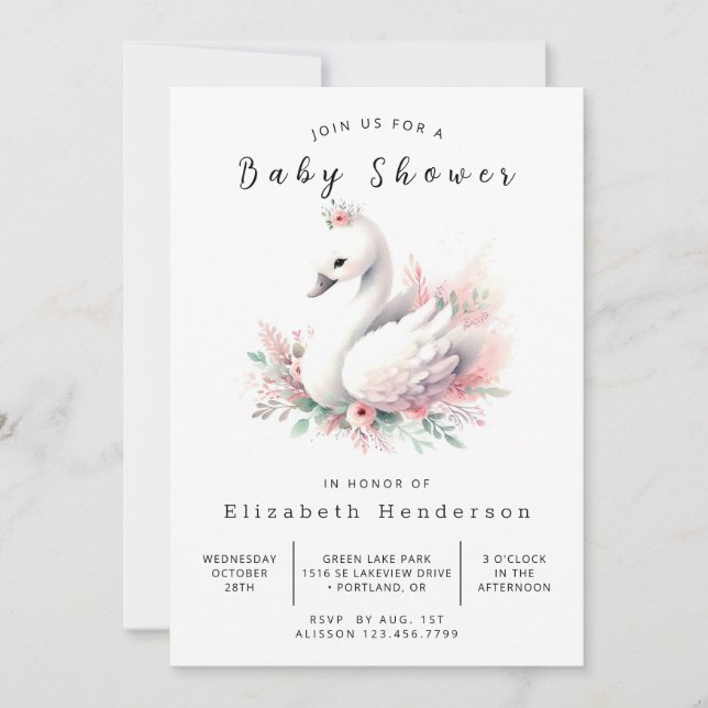 Chic Editable Svan Baby Shower Inbjudningar (Framsida)