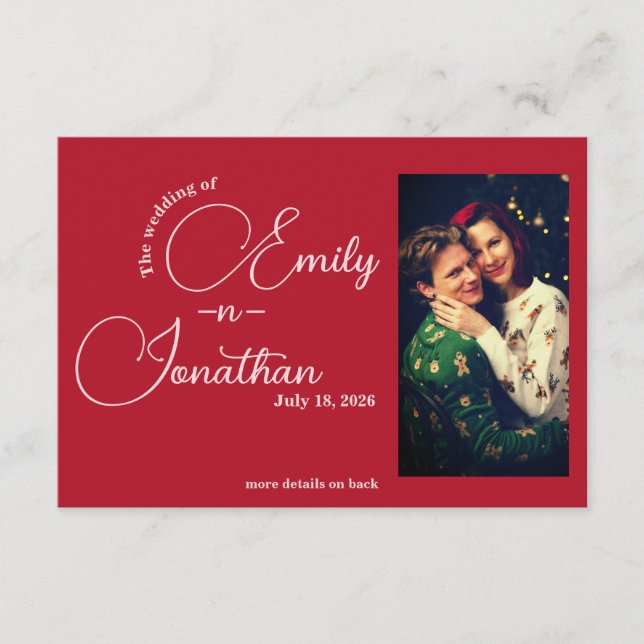 Chic Editorial Deep Red One Photo QR Code Wedding Tilläggskort (Framsida)