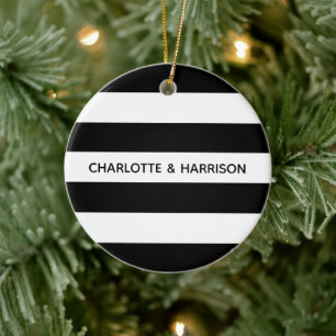 Chic, eget namn, monogram för svartvit rand julgransprydnad keramik