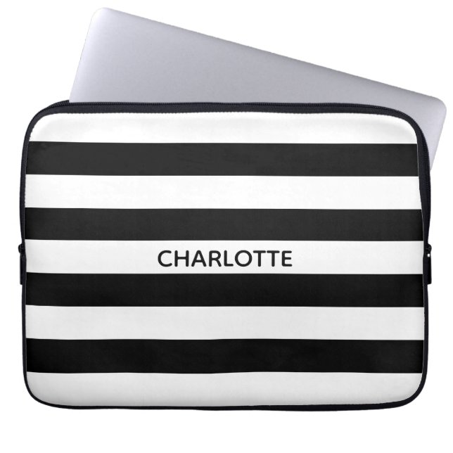 Chic, eget namn, monogram för svartvit rand laptop fodral (Framsidan)