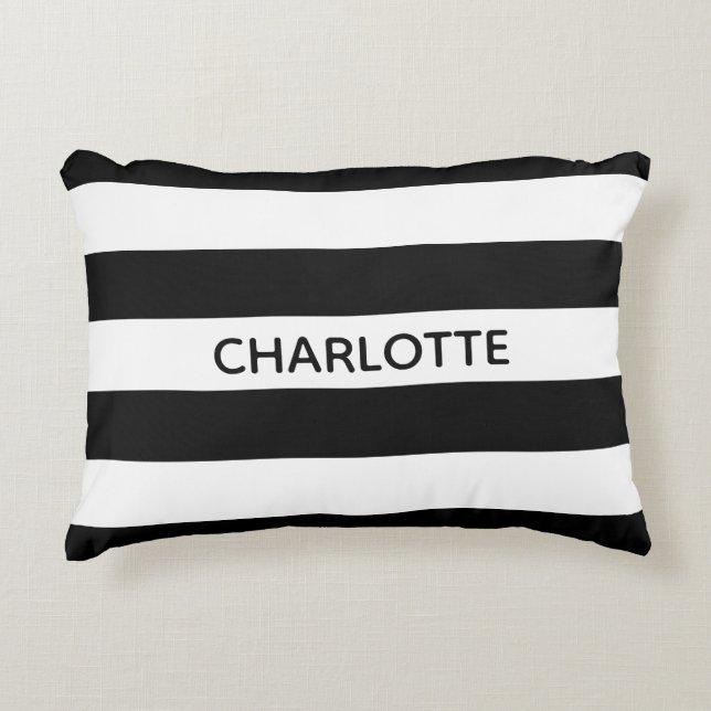 Chic, eget namn, monogram för svartvit rand prydnadskudde (Framsidan)