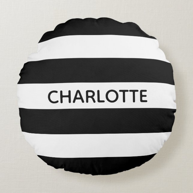 Chic, eget namn, monogram för svartvit rand rund kudde (Framsidan)